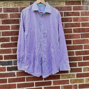 Bugatchi Uomo Men's Dress Shirt Long Sleeve Flip Cuff Pink Blue Stripe Size 17.5